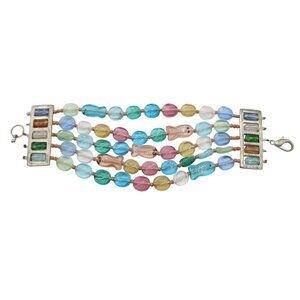 Colorful Multi Strand Glass Bead Silvertone Bracelet Fish Rainbow Beachy Coastal